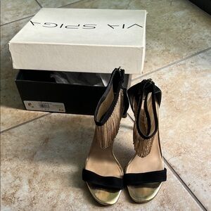 Via Spiga Black and Gold Fringe Heels
